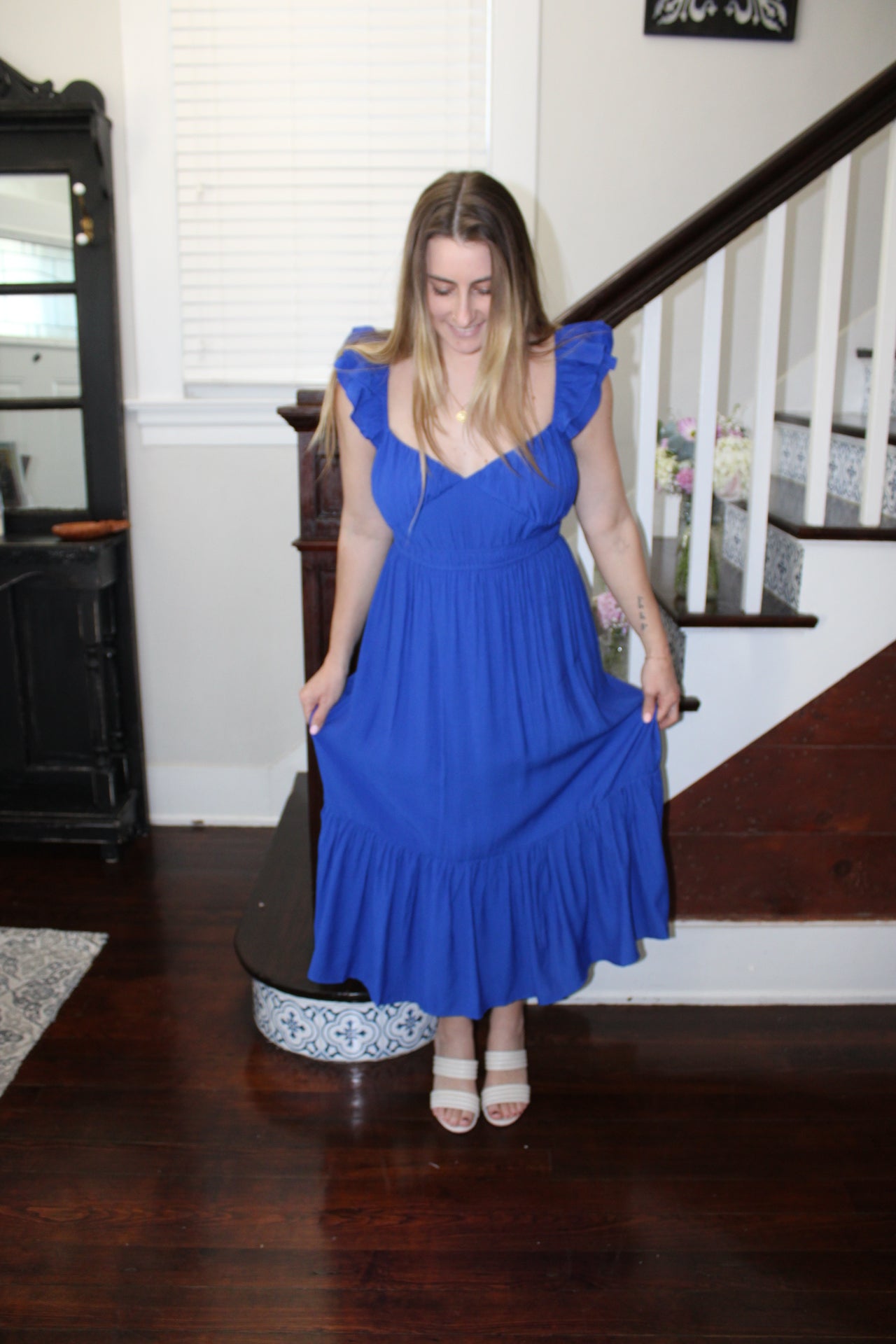 Royal Blue Linen V-Neck Ruffle Midi Dress