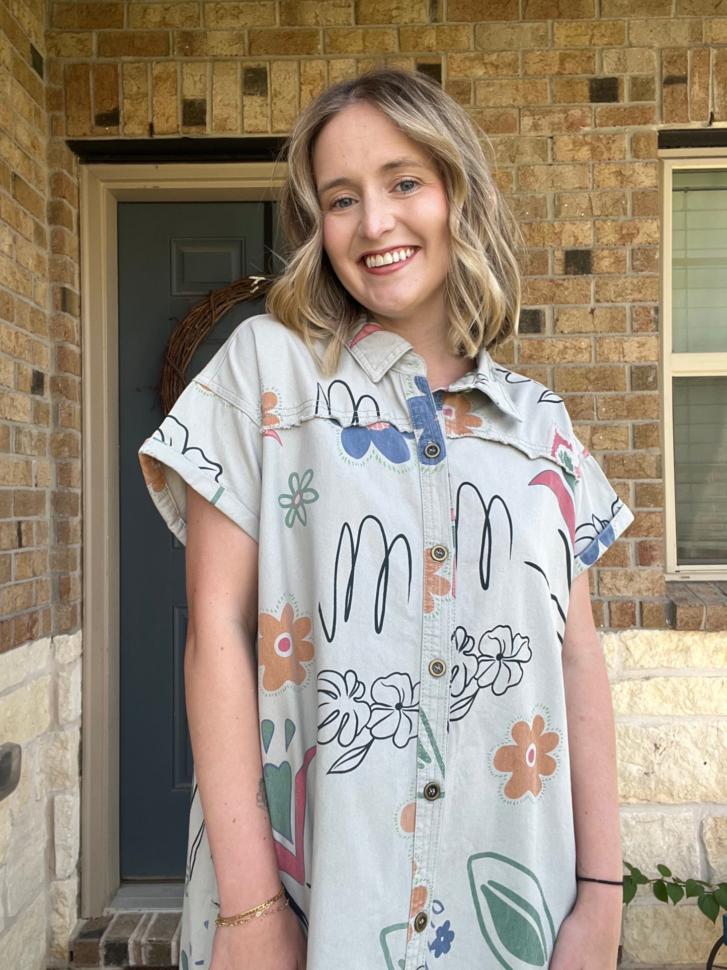 Grey Denim Short Sleeve Printed Button Down Dress