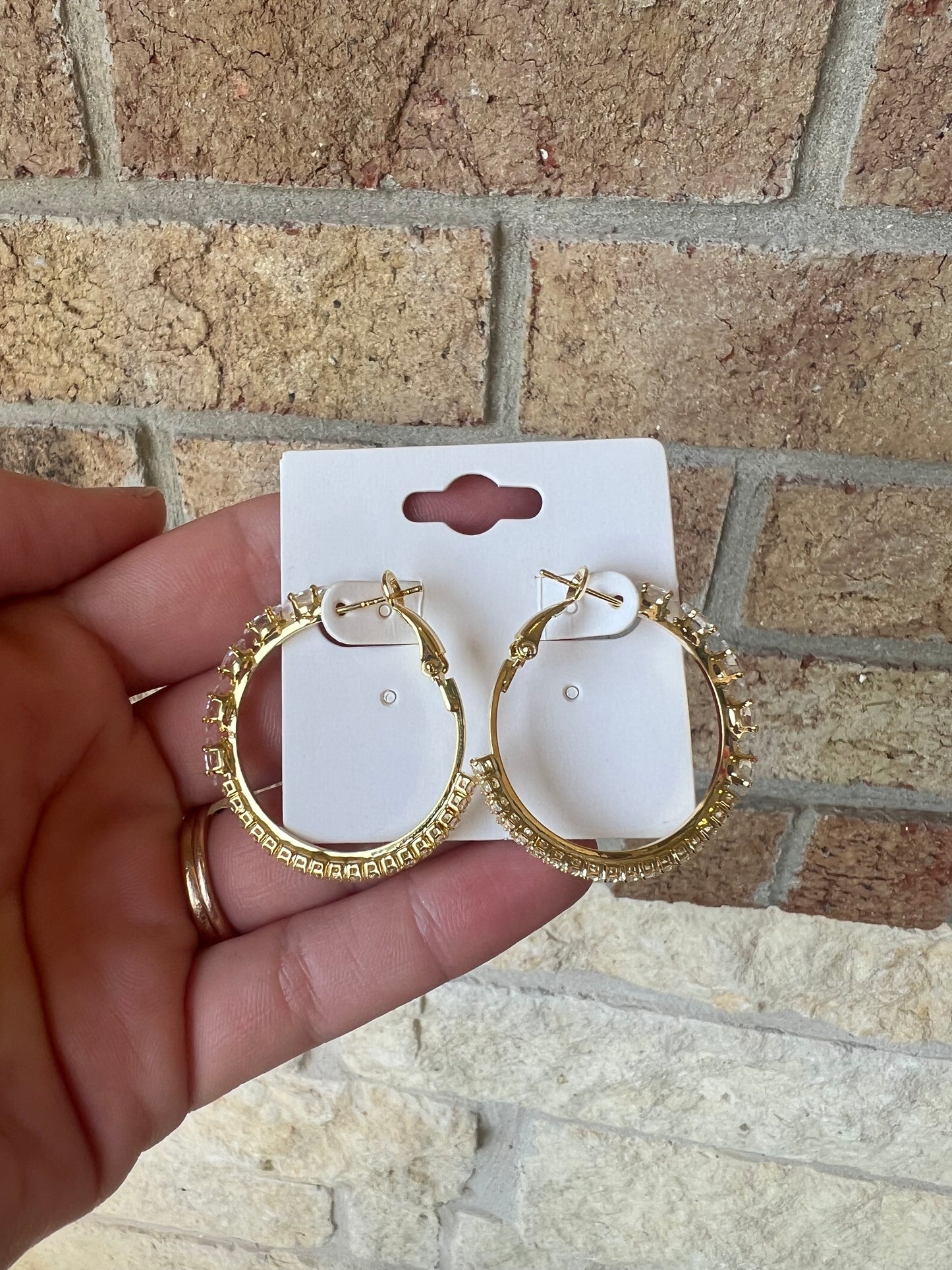 Medium Gold Hoops with Crystal