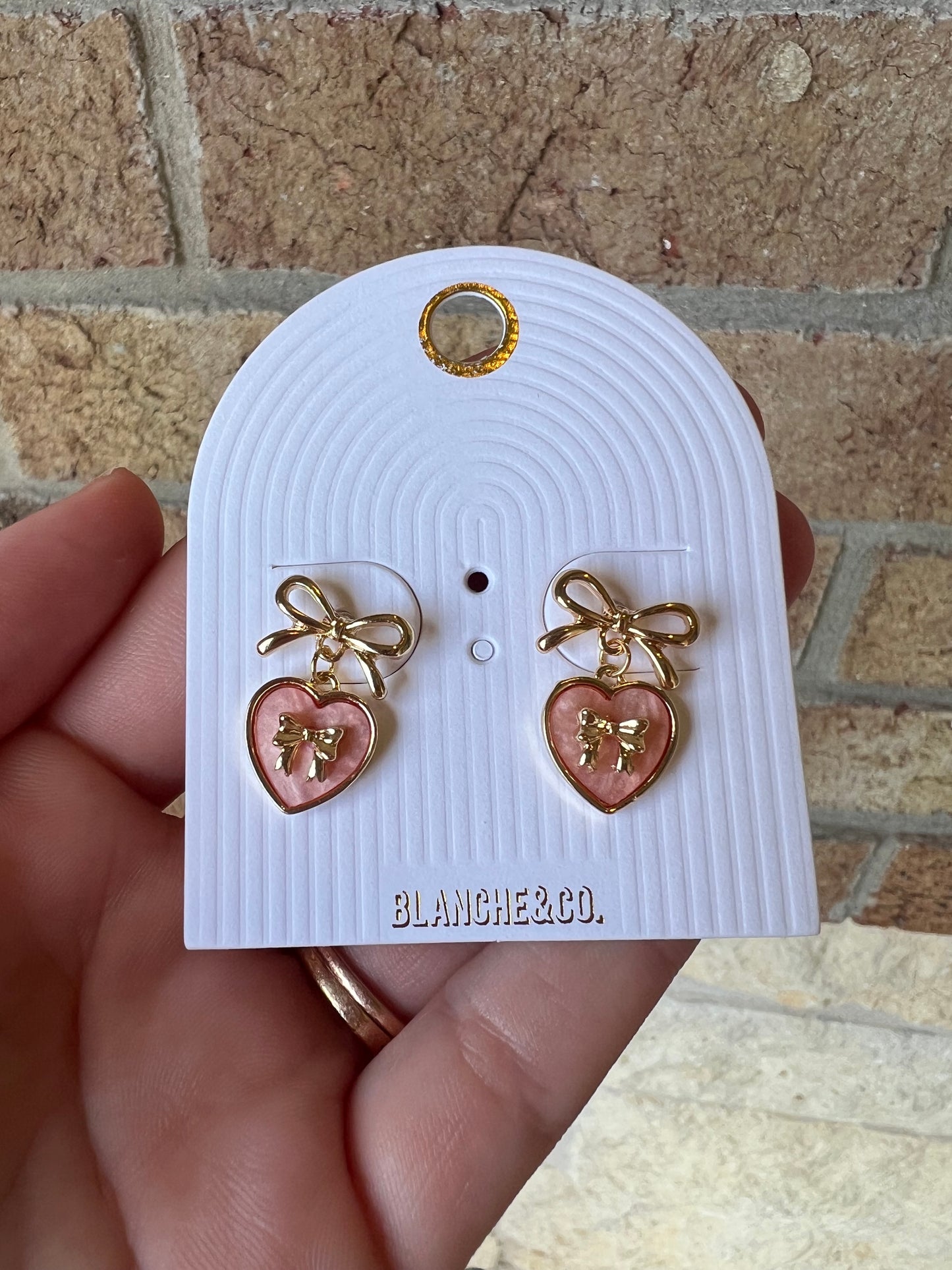 Gold Bow Stud with Pink Mother of Pearl Heart Earrings