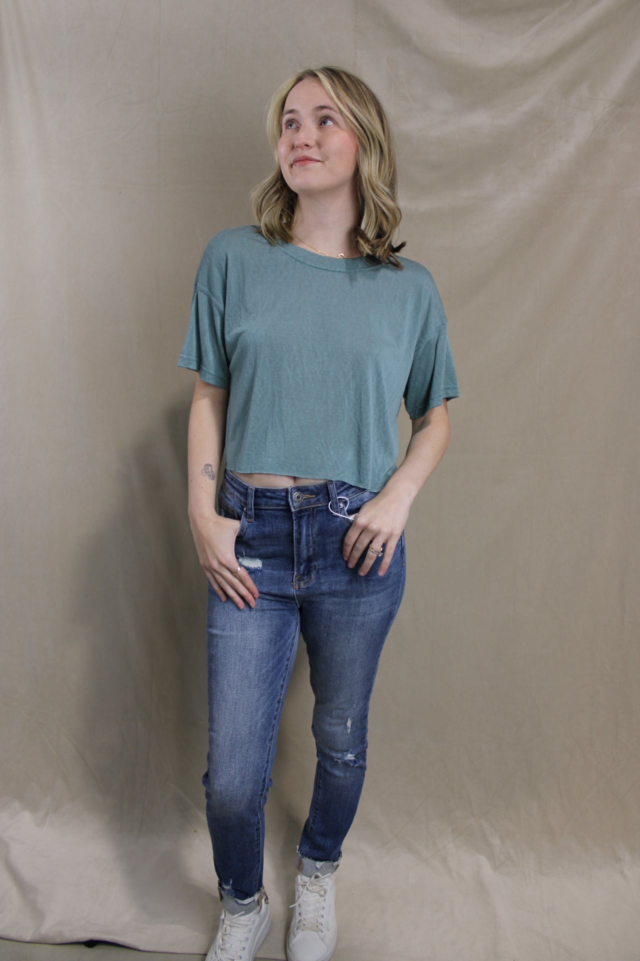 Cropped Butter Tee - Dusty Teal