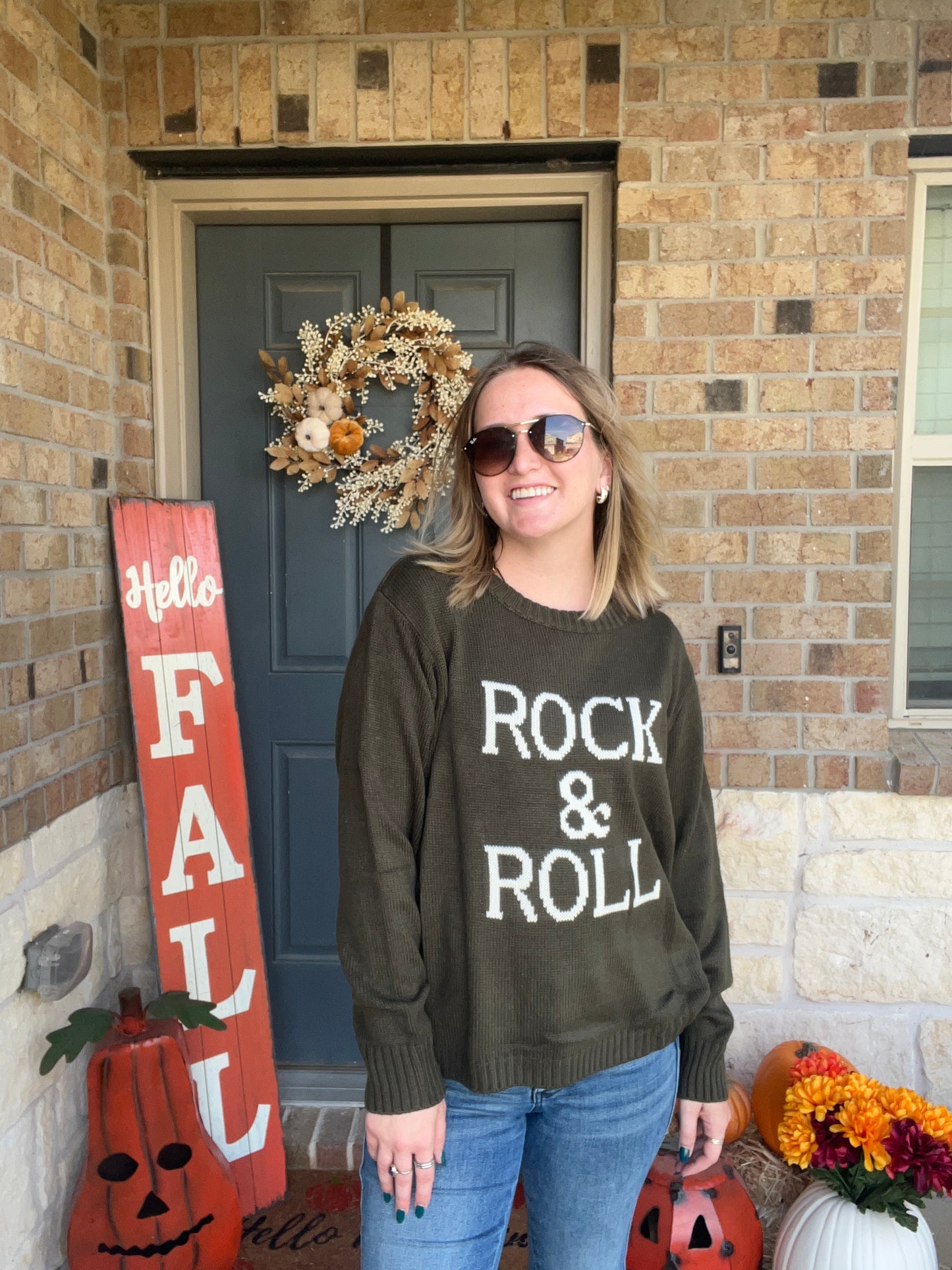 Olive Rock & Roll Stitch Crewneck Sweater