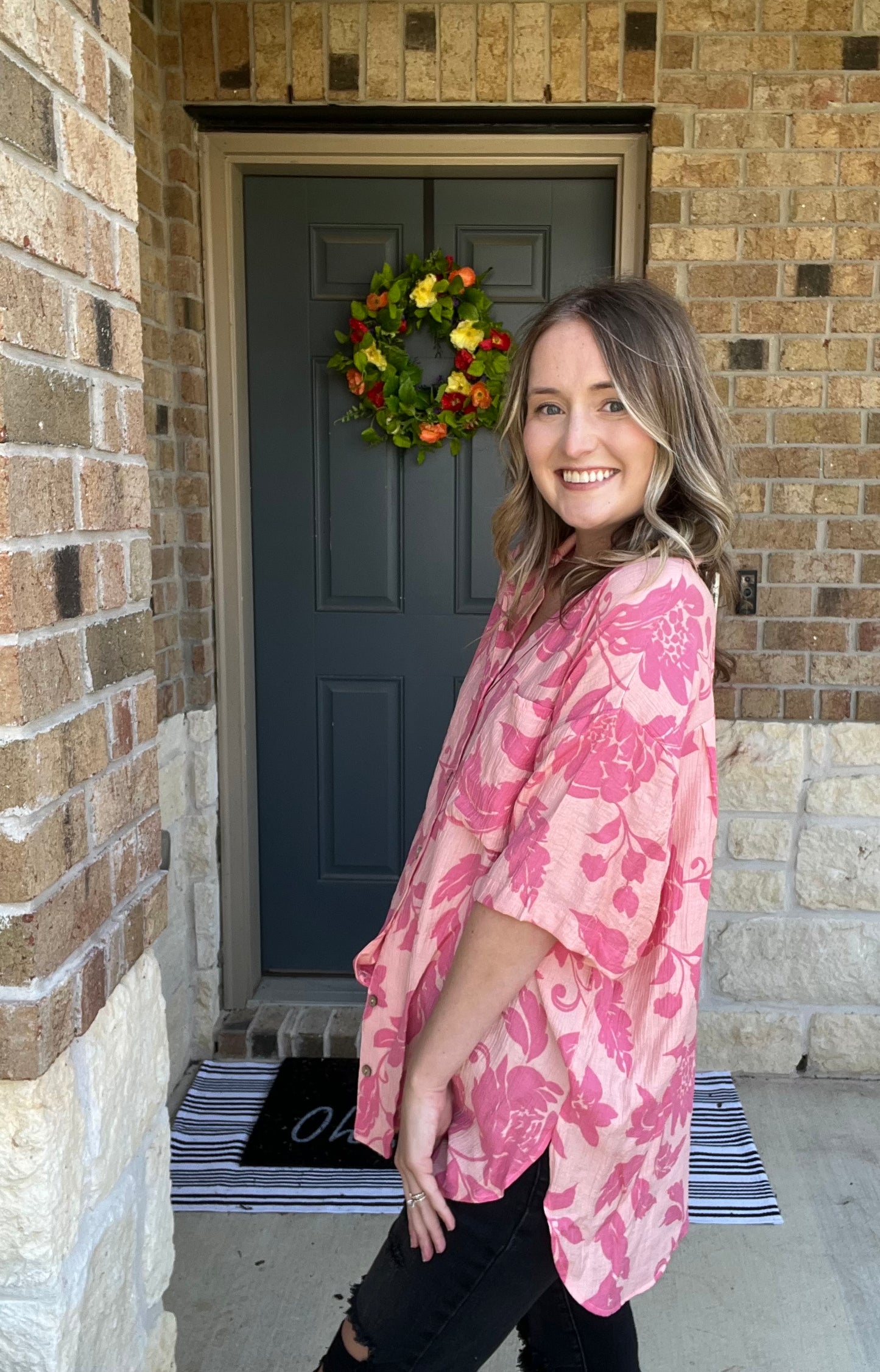 Blush Hawaiian Button Down Short Sleeve Top