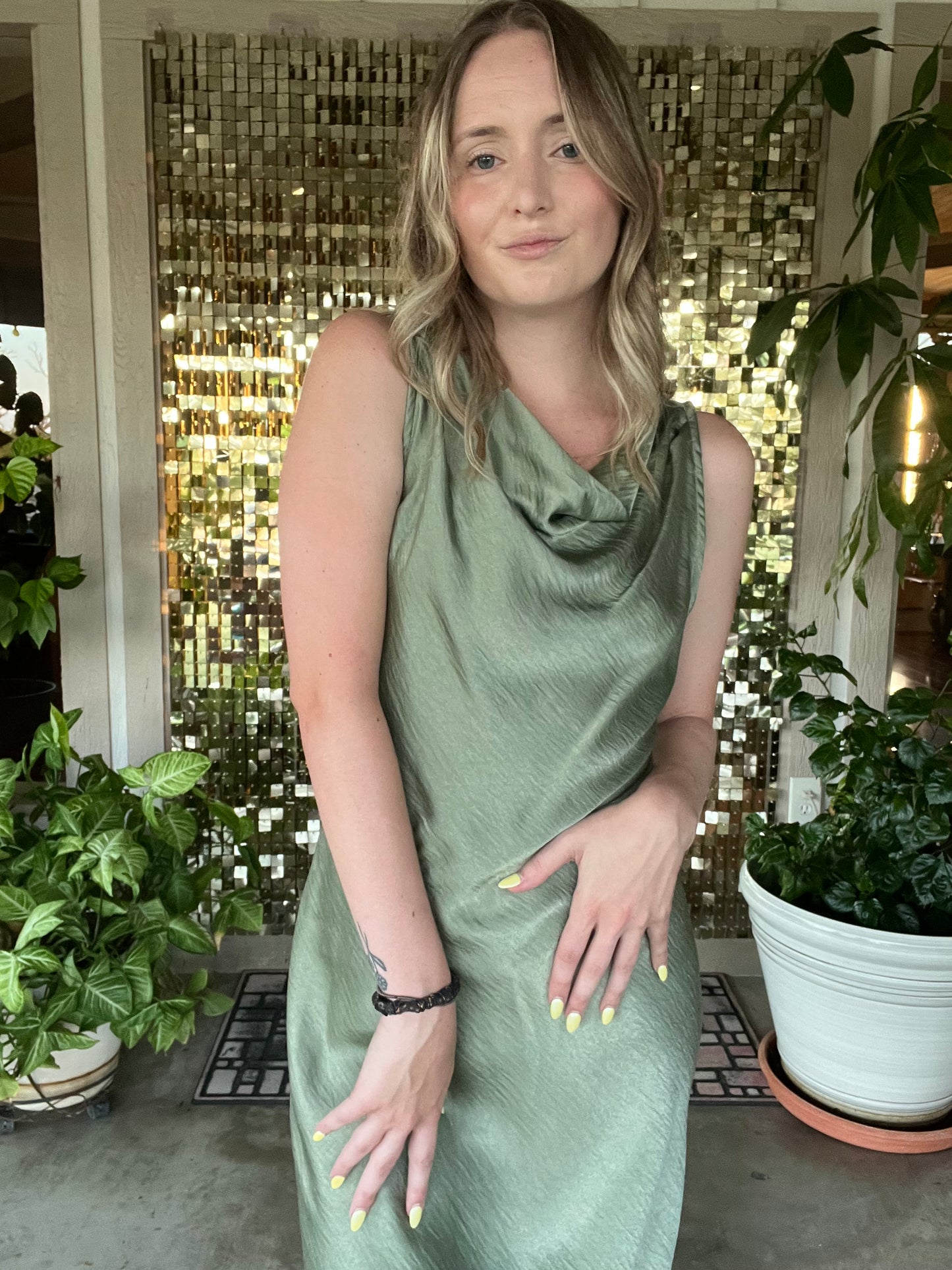 Olive Satin High Neck Cowl Neck Midi Dress