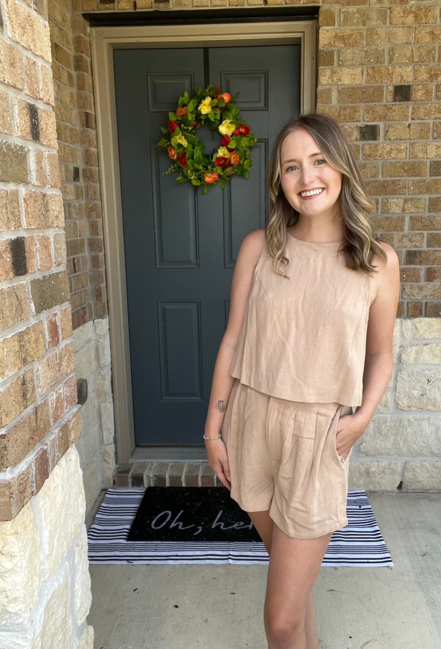 Taupe Shoreline Linen Cropped Button Back Tank