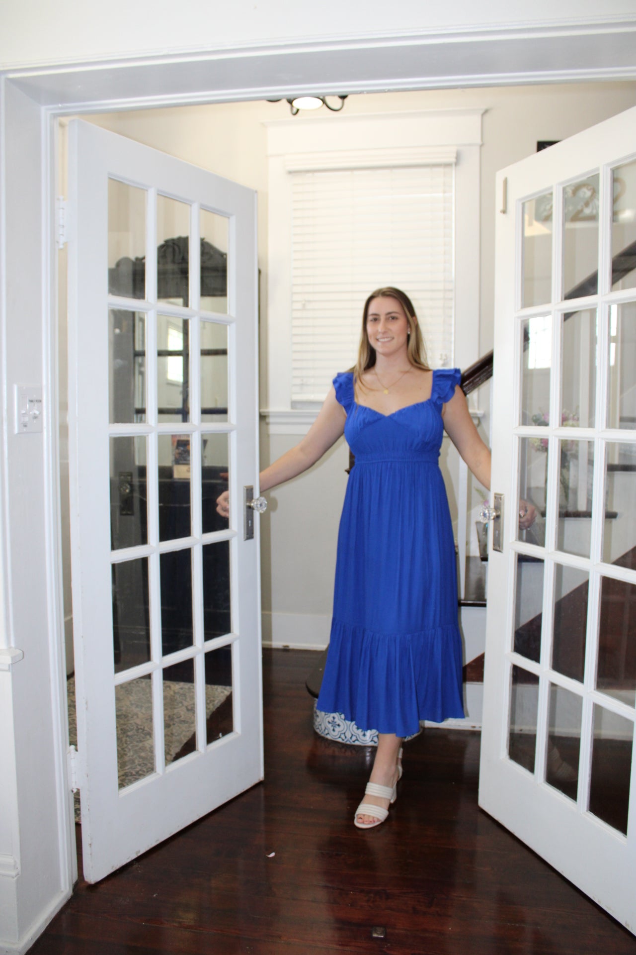 Royal Blue Linen V-Neck Ruffle Midi Dress