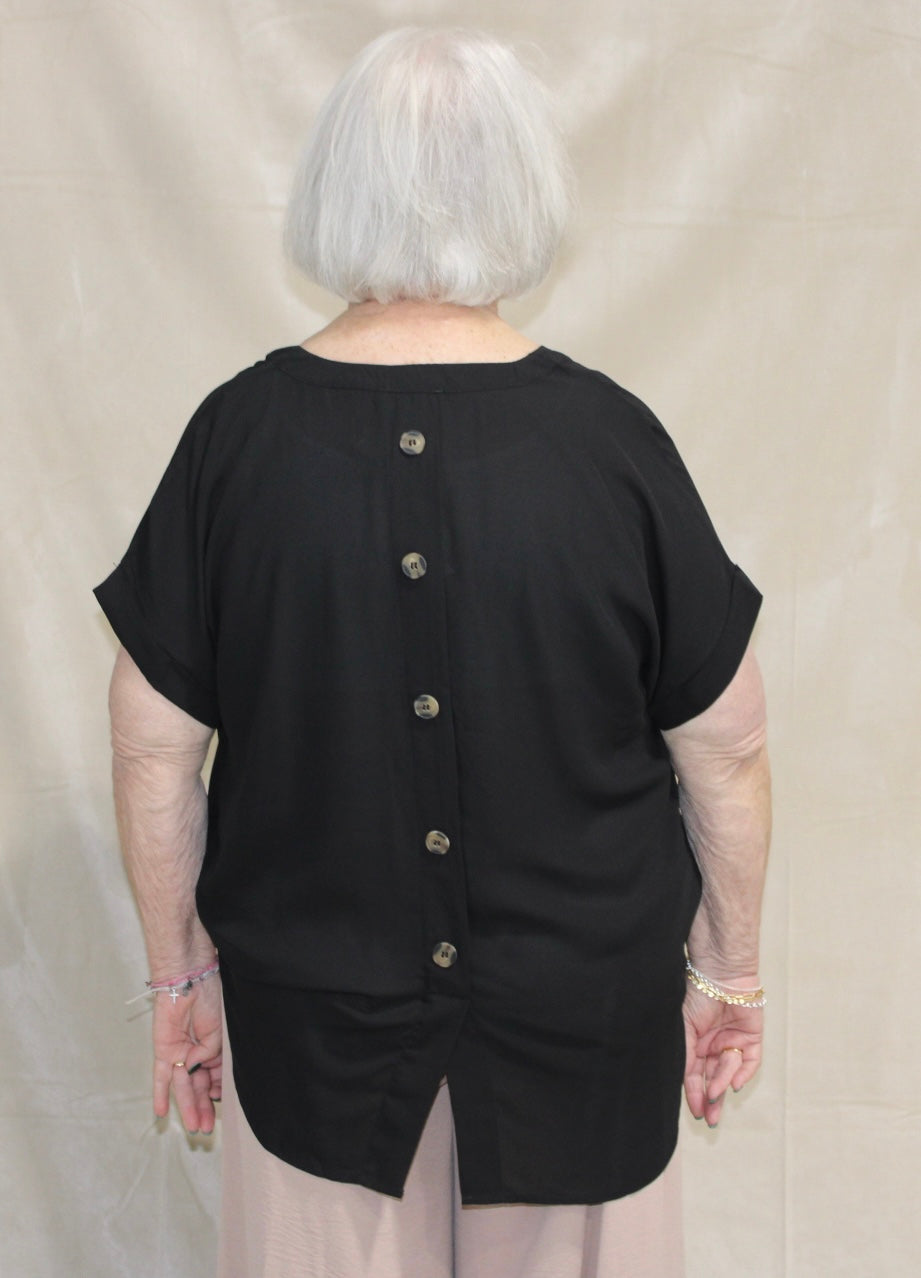 Black Button Back V-Neck Top