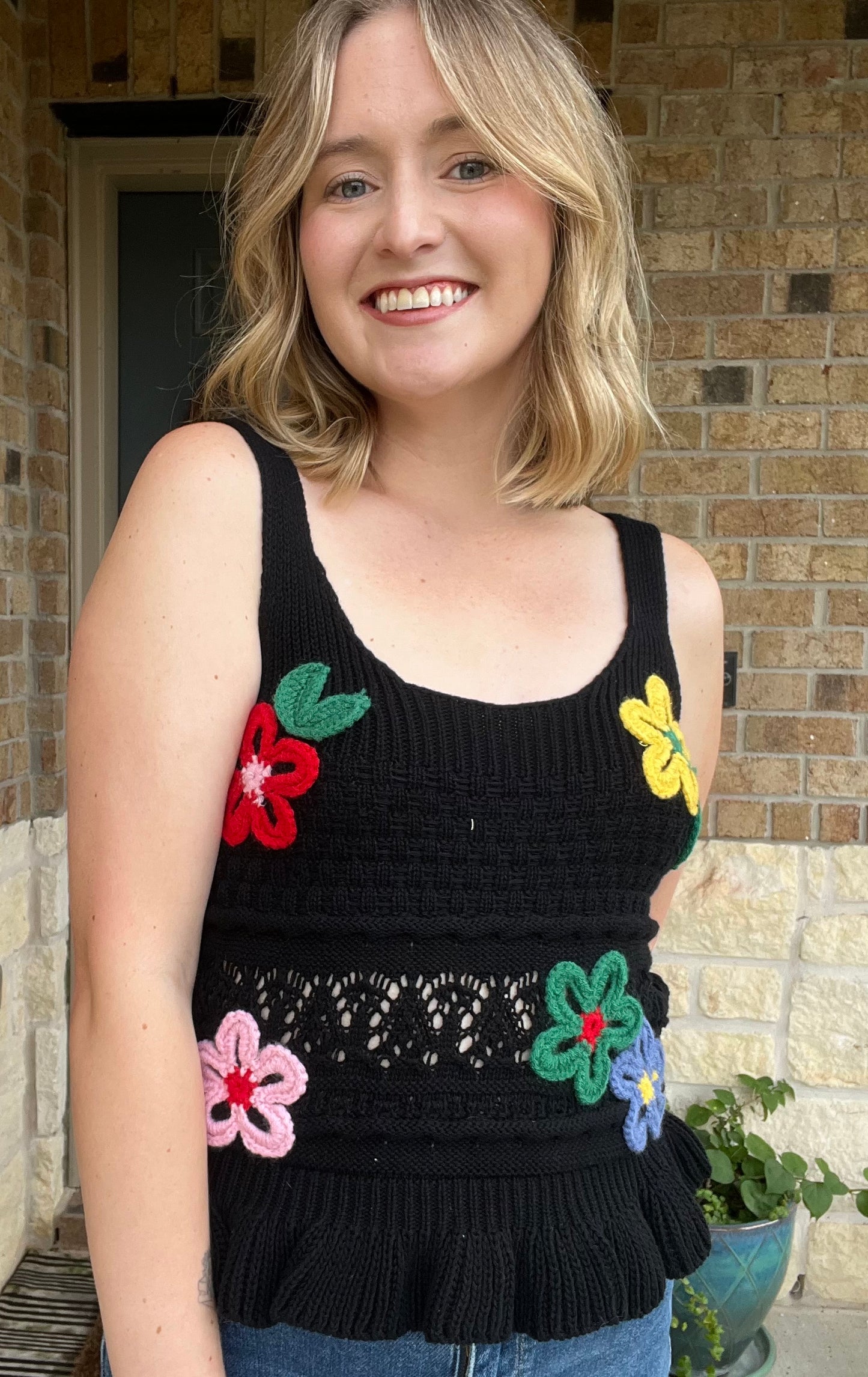 Black Embroidered Floral Scoop Neck Ruffle Hem Knit Top