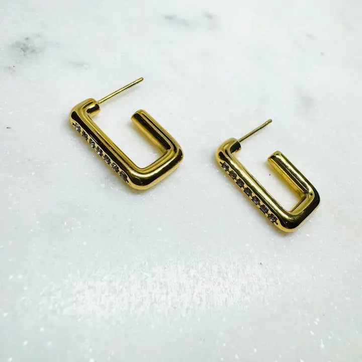 Gold 18KT Plated Open Square Hoops with Rhinestones