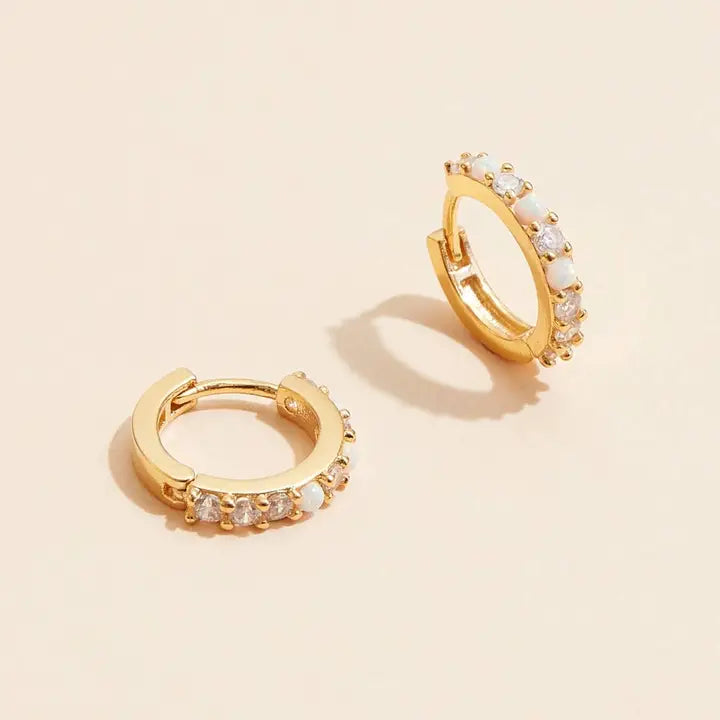 Gold 18kt Plated Opal and Rhinestone Huggie Earrings