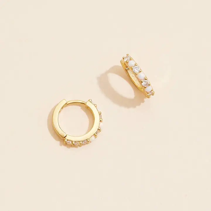 Gold 18kt Plated Opal and Rhinestone Huggie Earrings
