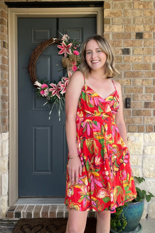 Hot Coral Sleeveless Floral Wrap Dress