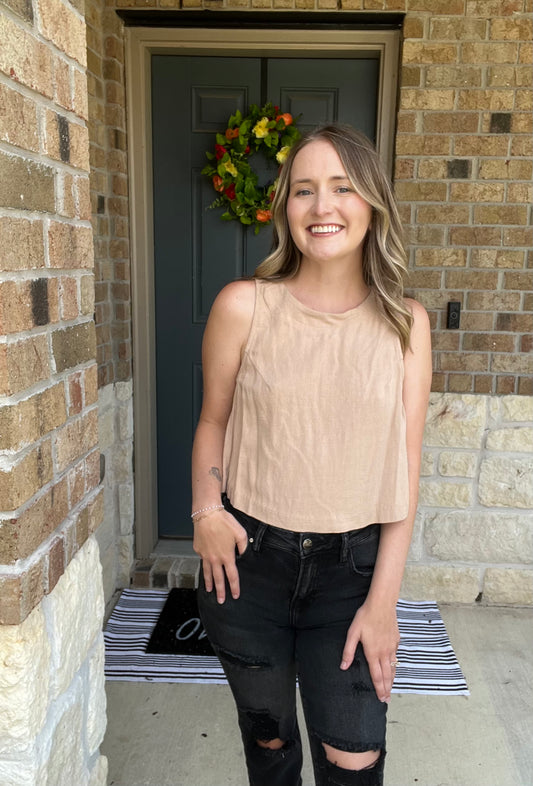 Taupe Shoreline Linen Cropped Button Back Tank