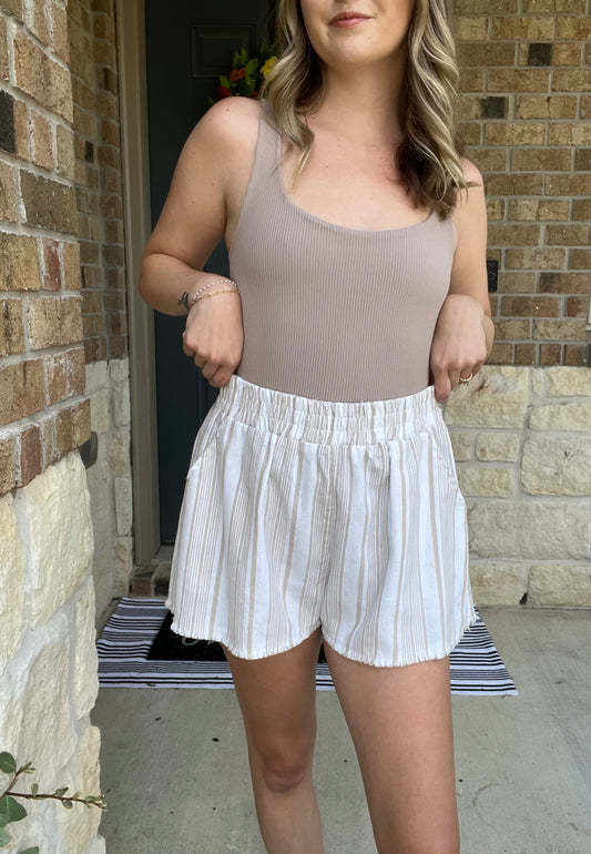 Cream and Khaki Striped Linen Shorts