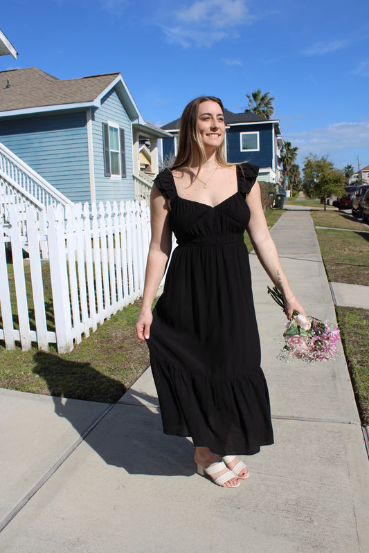 Black Linen V-Neck Ruffle Midi Dress