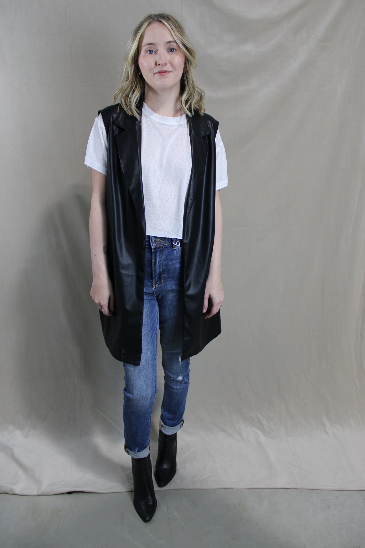 Vegan Leather Long Collared Vest