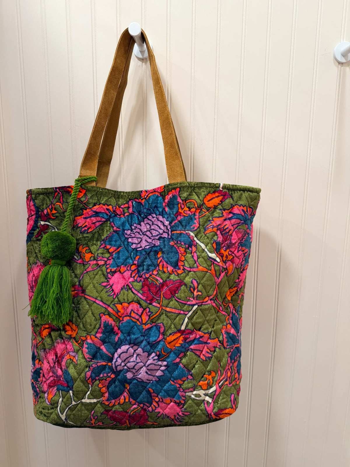 Dark Green Velvet Floral Tote Bag