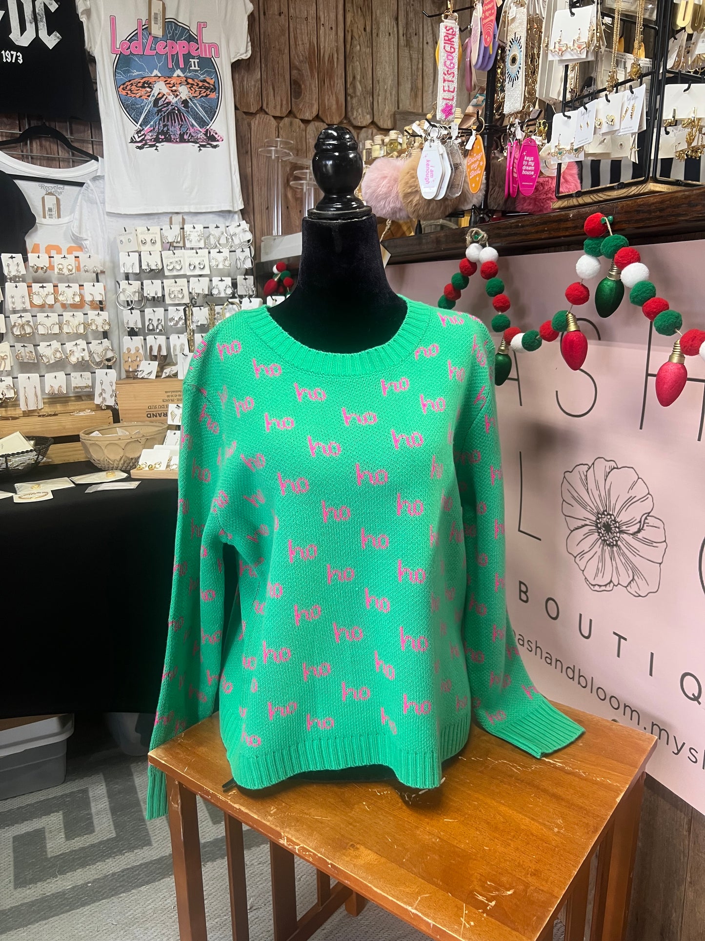 Green "Ho Ho Ho" Embroidered Knit Sweater