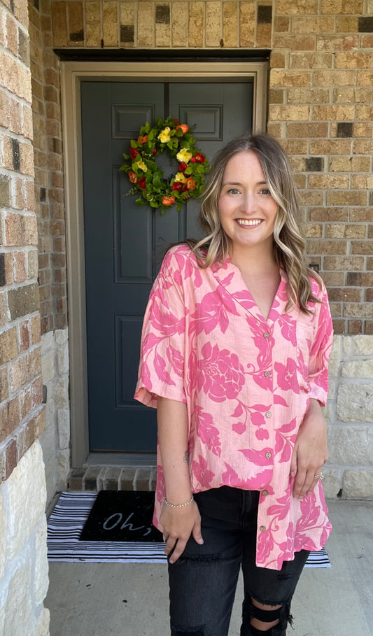 Blush Hawaiian Button Down Short Sleeve Top