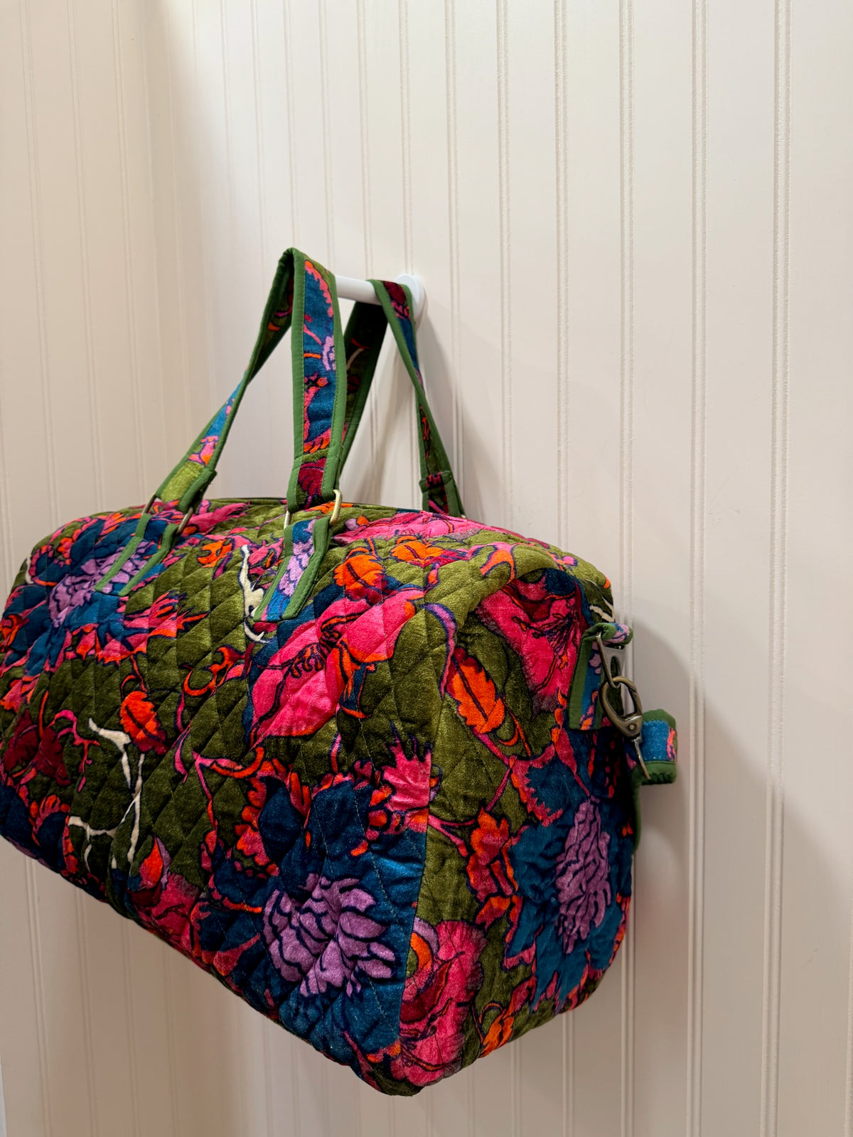 Dark Green Velvet Floral Duffle Bag