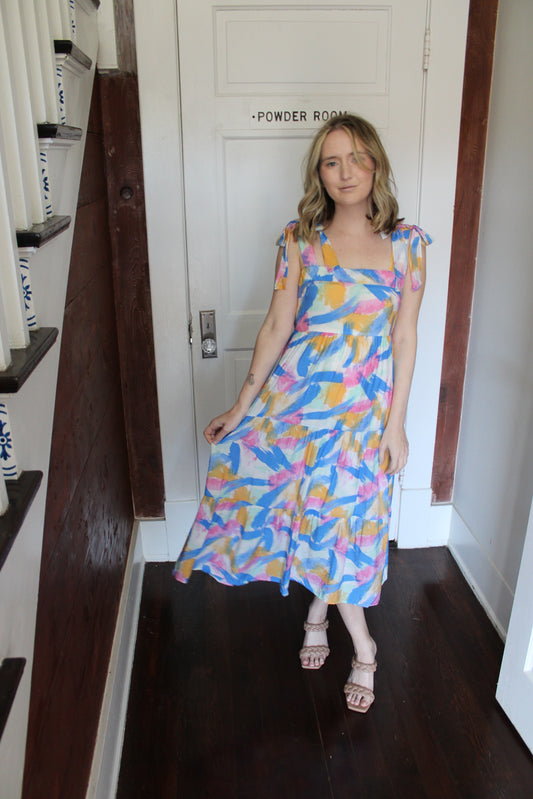 Blue Brush Stroke Ruffle Sleeve Midi Dress