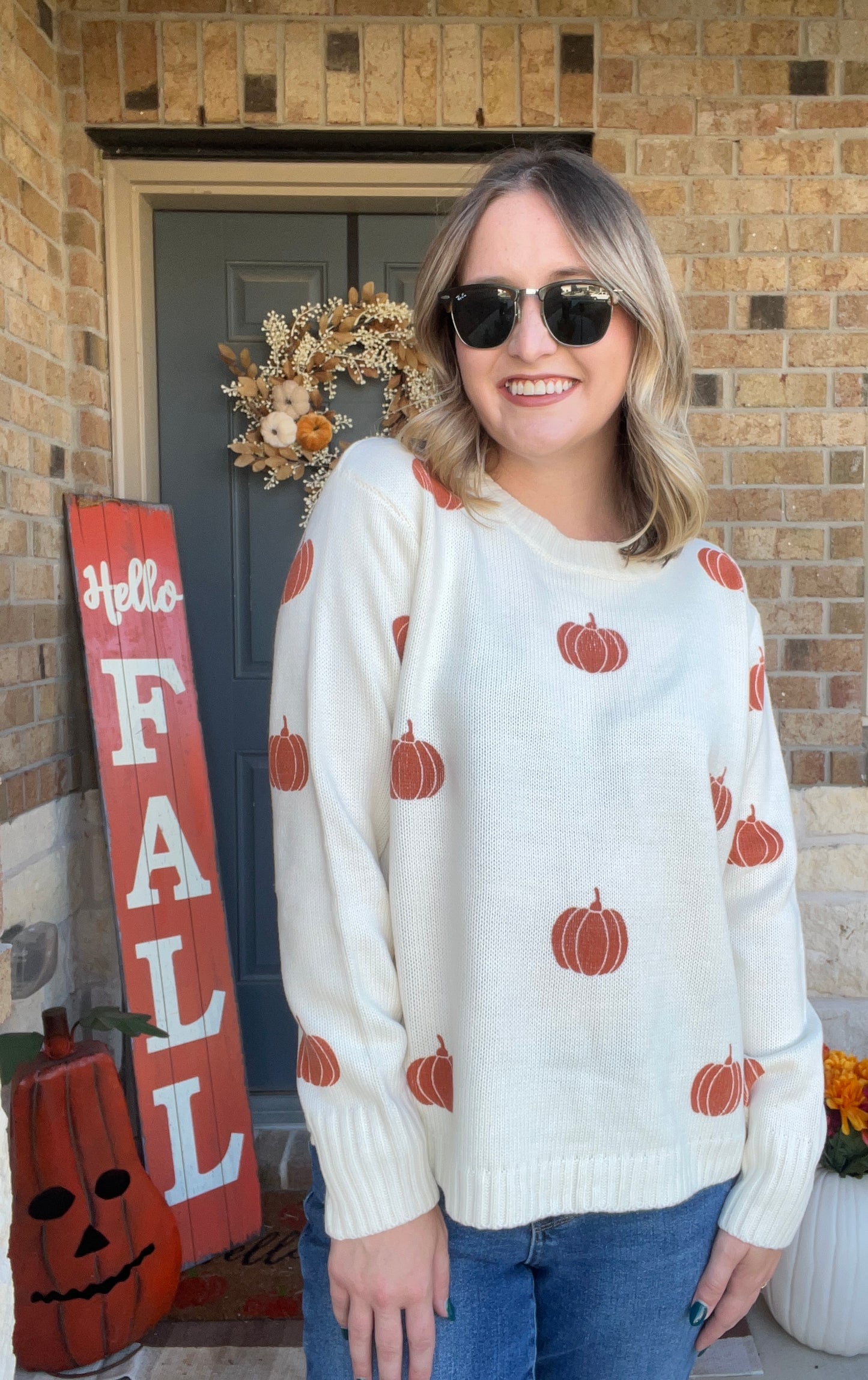 Cream Pumpkin Stamped Crewneck Sweater