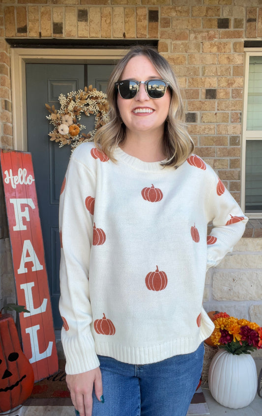 Cream Pumpkin Stamped Crewneck Sweater