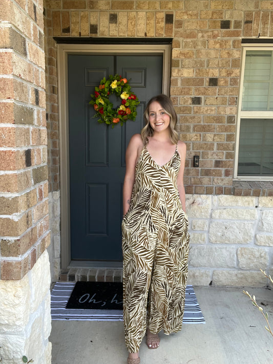 Tan Tropical Sleeveless Midi Jumpsuit