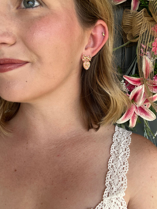 Gold Bow Stud with Pink Mother of Pearl Heart Earrings