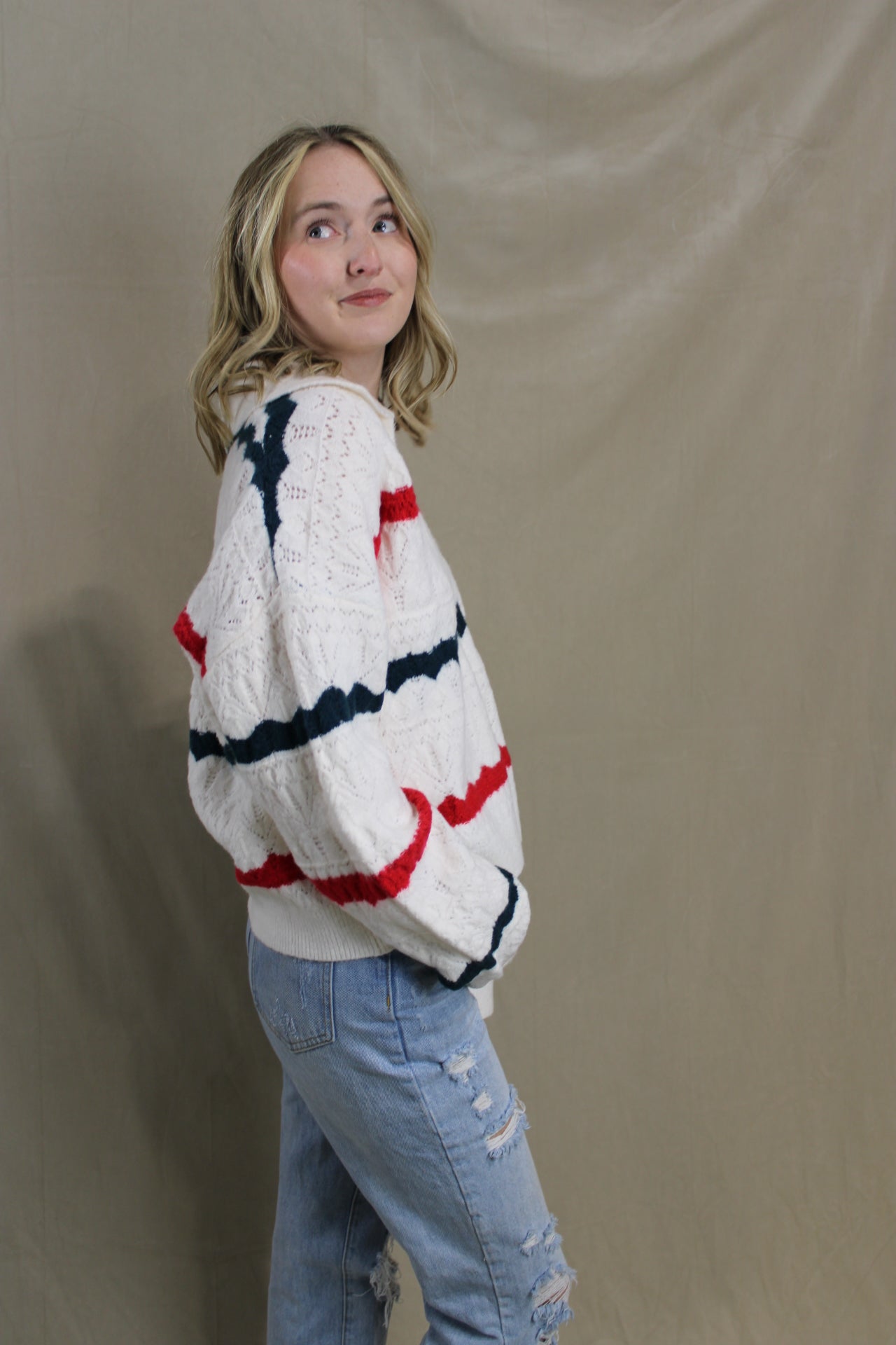 Collared Knit Red and Blue Sweater