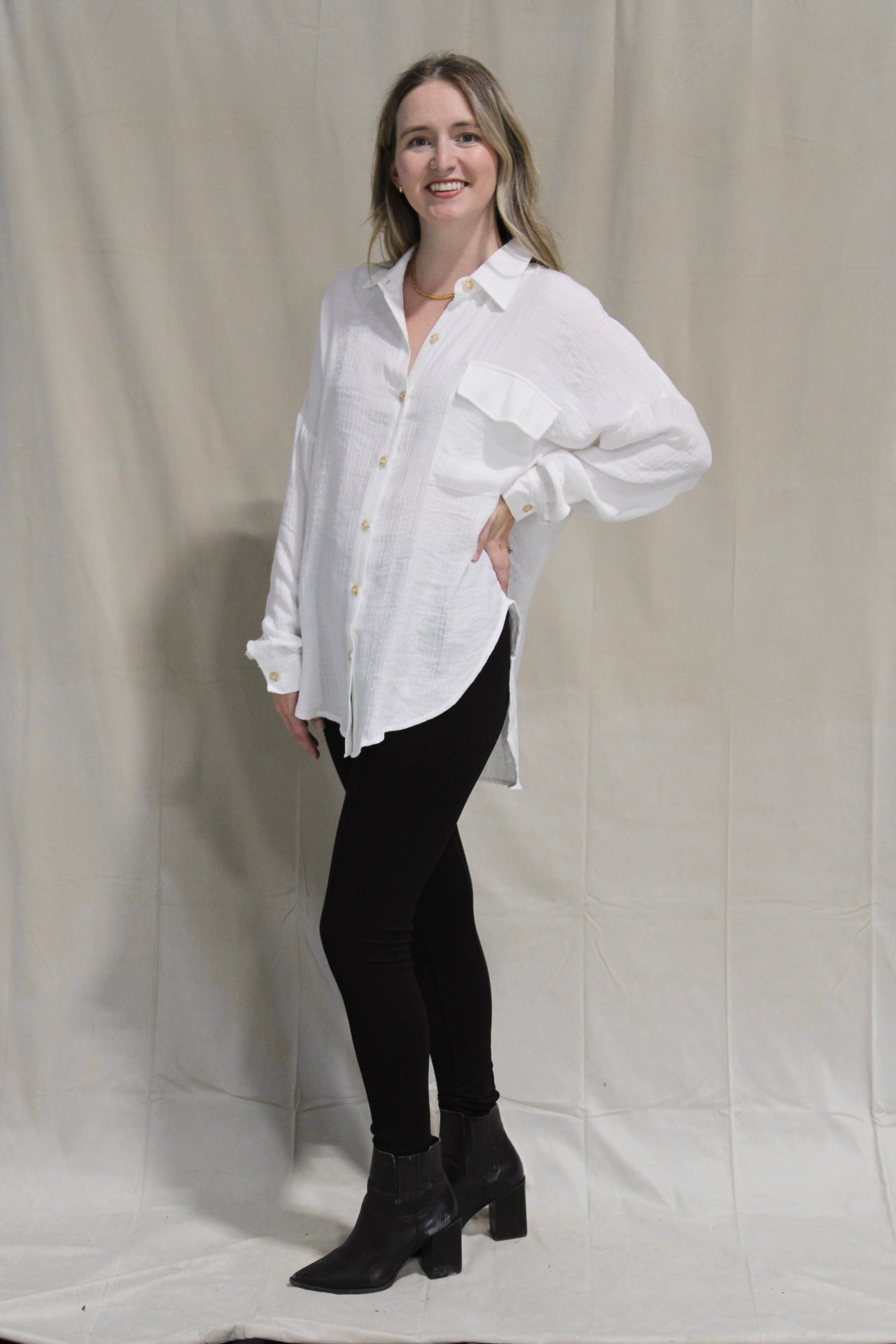 White Linen Button Down Top