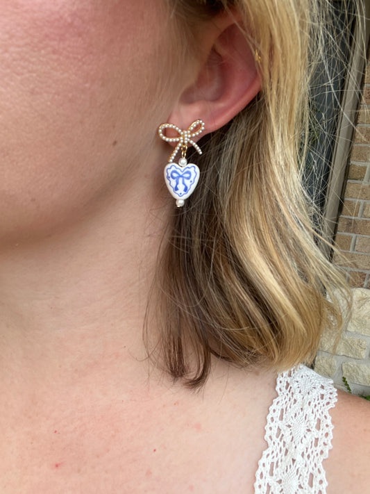 Gold Open Bow Stud with Blue and White Ceramic Heart Drop Earrings