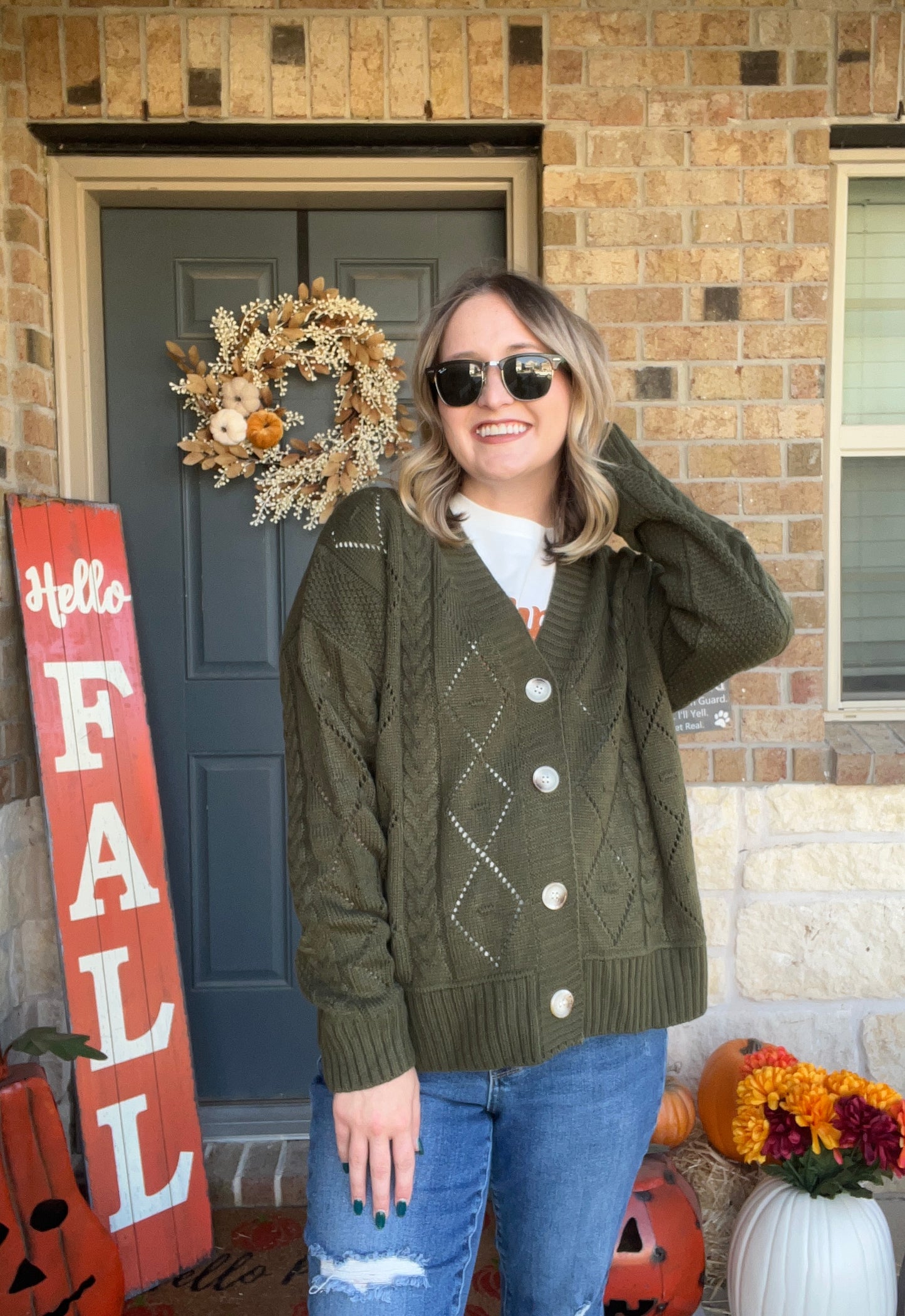 Olive Button Up Cable Knit Cardigan