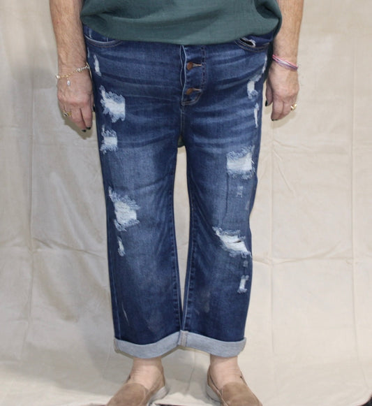 Risen Plus Mid Rise Button Fly Distressed Capri Jeans