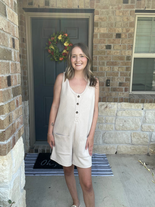Light Taupe Geometric Embroidered Sleeveless Loose Fit Romper