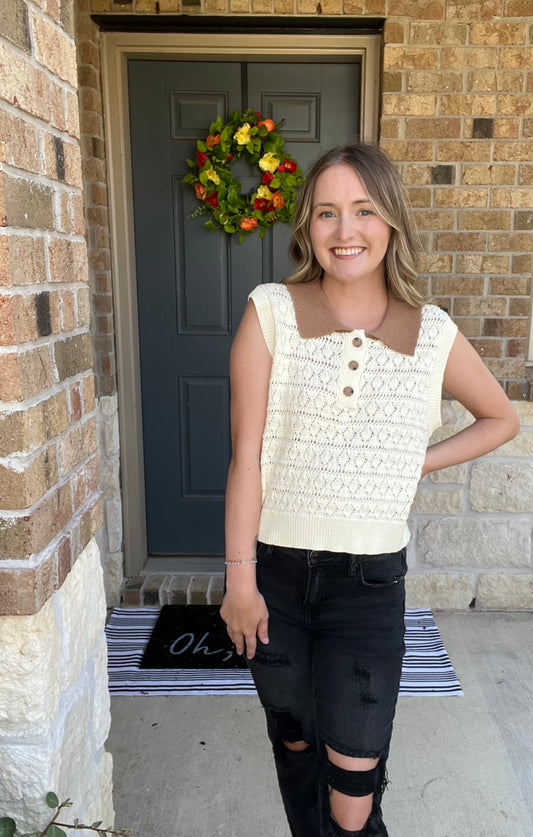 Ivory and Tan Sleeveless Collared Sweater
