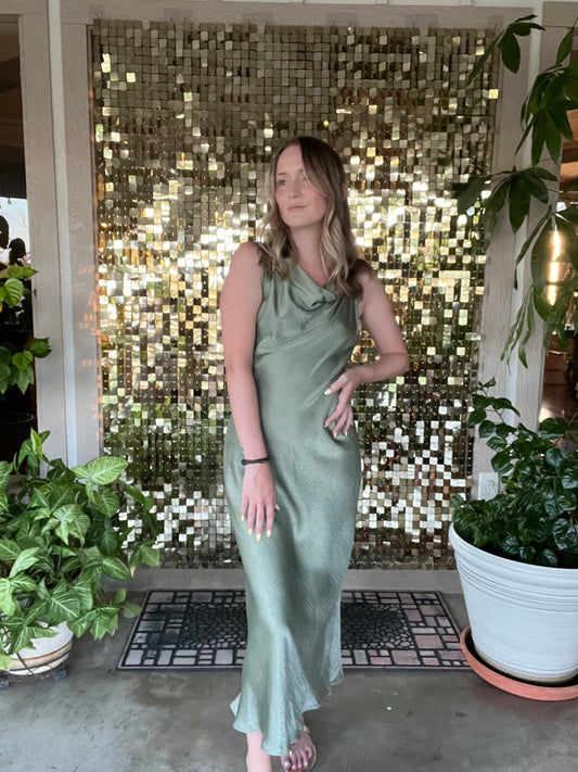 Olive Satin High Neck Cowl Neck Midi Dress