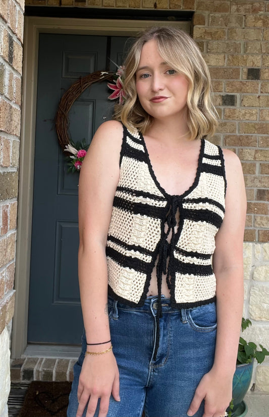 Natural and Black Striped Crochet Knit Front Tie Vest