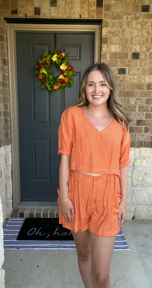 Orange Linen V-Neck Cropped Top
