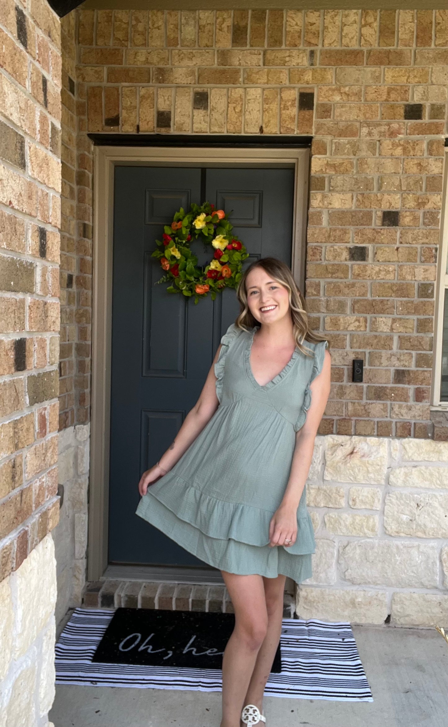Sage Ruffle Cotton Sleeveless Dress