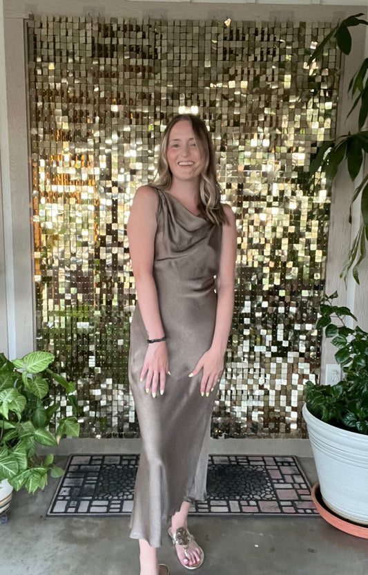 Mocha Satin High Cowl Neck Midi Dress