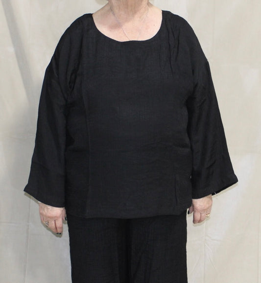 Plus Black Linen Long Sleeve Top