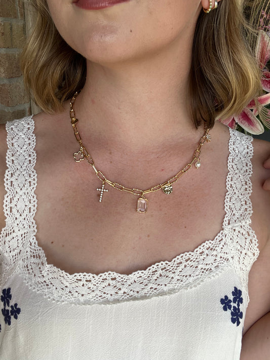 Gold Chain Charm Necklace with Crystal, Coin, and Cross Charm
