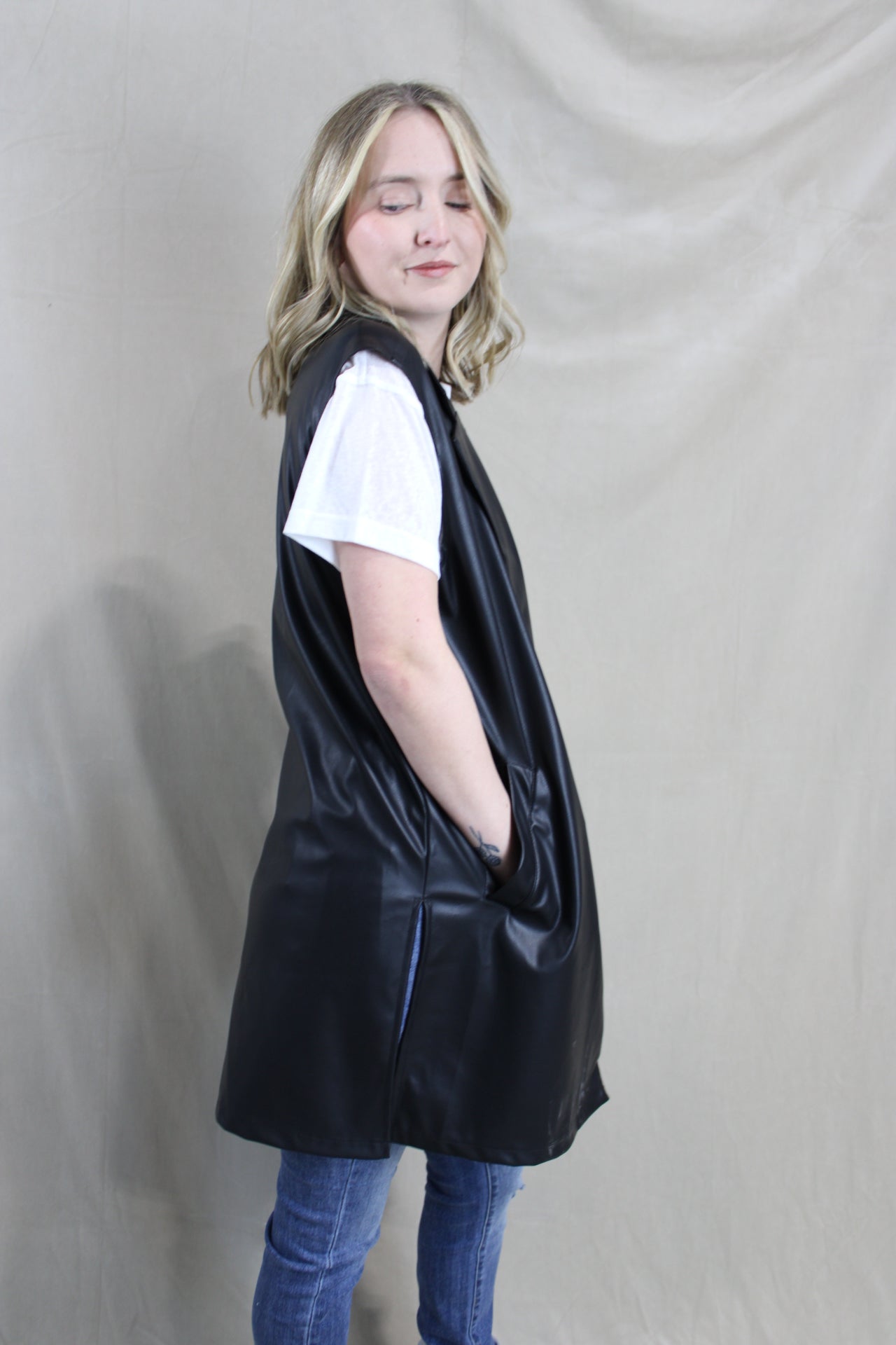 Vegan Leather Long Collared Vest
