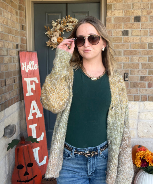 Olive Brown Smiley Ombre Fuzzy Knit Cardigan
