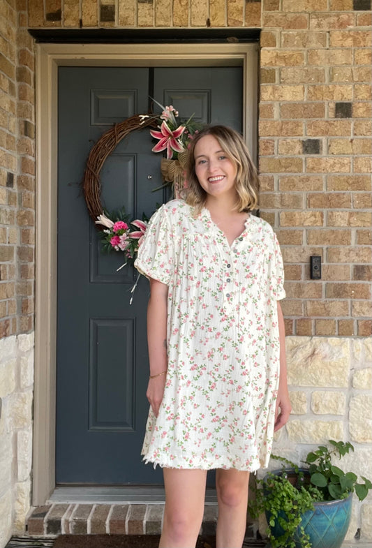 White Short Sleeve Cotton Floral Printed Dress