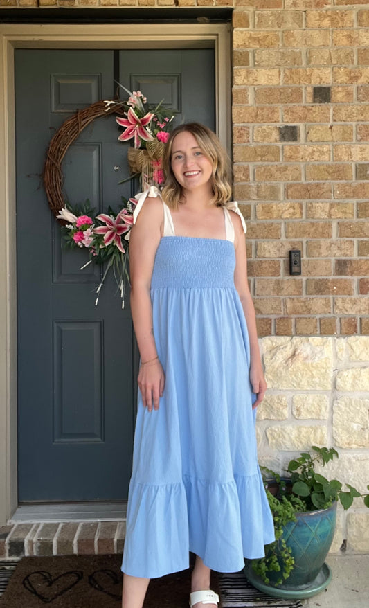 Sky Blue Cream Delilah Contrast Tie Strap Smocked Dress