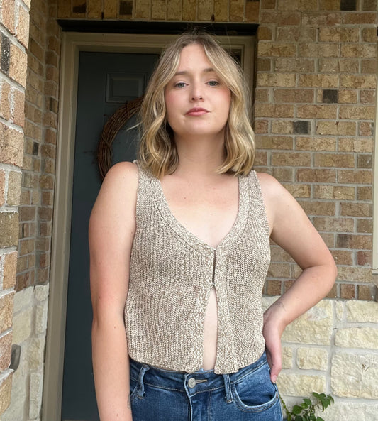 Taupe Front Hook Cropped Knit Cardigan Vest