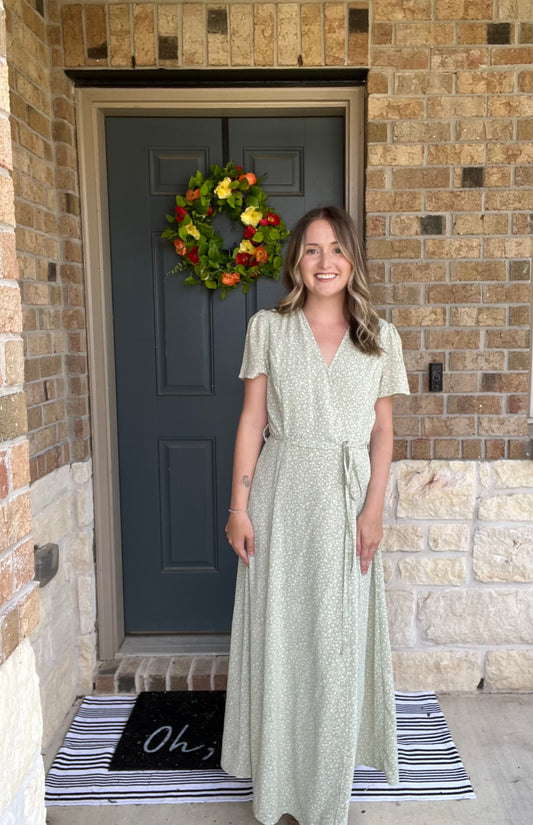 Light Green Floral Waist Tie Wrap Dress