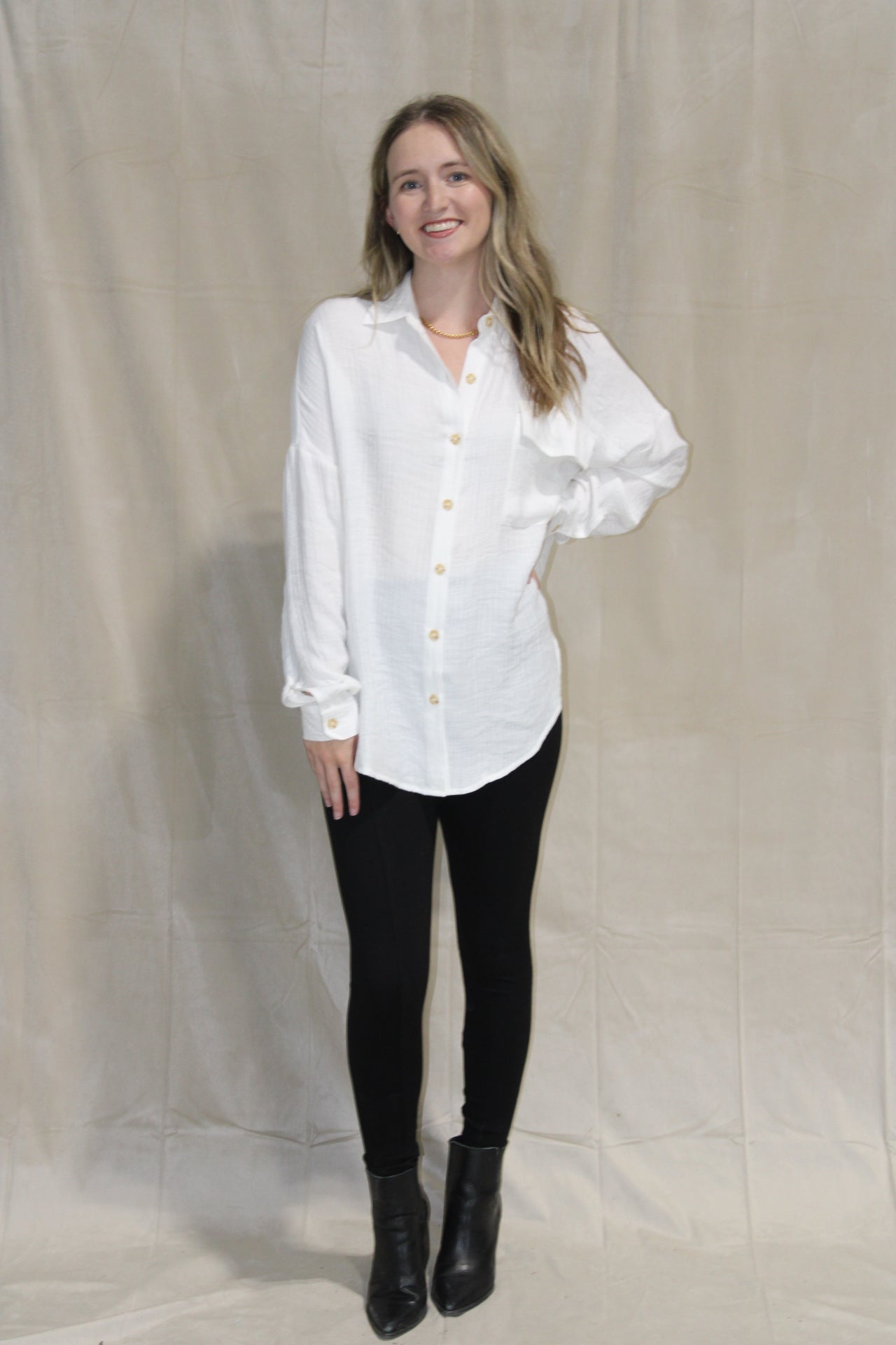 White Linen Button Down Top